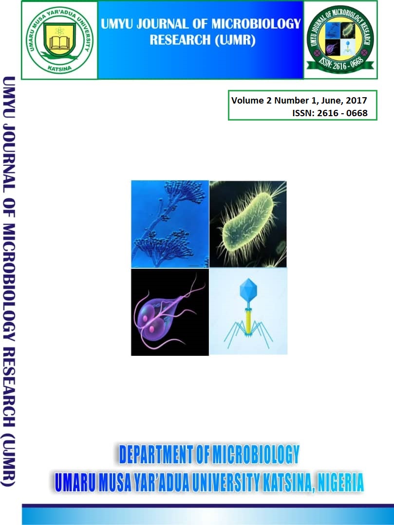 					View Vol. 2 No. 1 (2017): UMYU Journal of Microbiology Research (UJMR), Volume 2, Number 1, June 2017
				